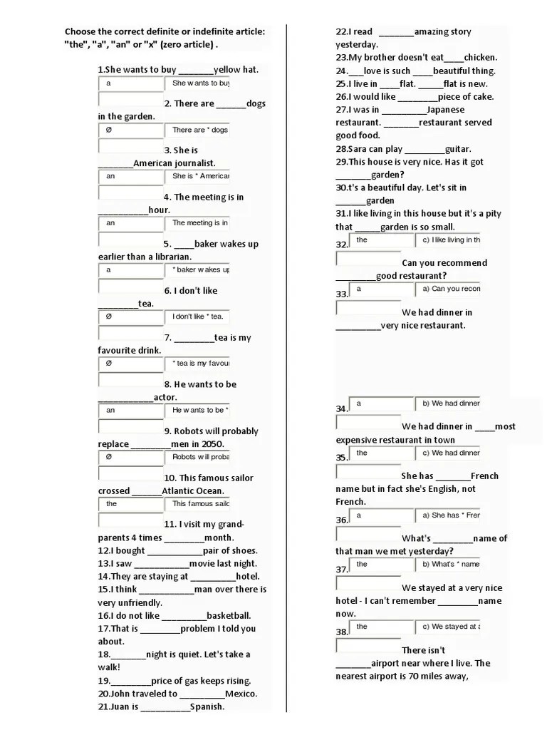 Choose the correct definite or indefinite article