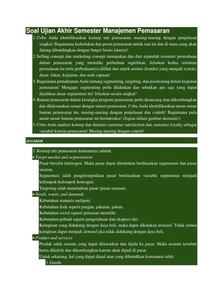 Soal ujian akhir semester manajemen pemasaran. Soal Ujian Akhir Semester Manajemen Pemasaran