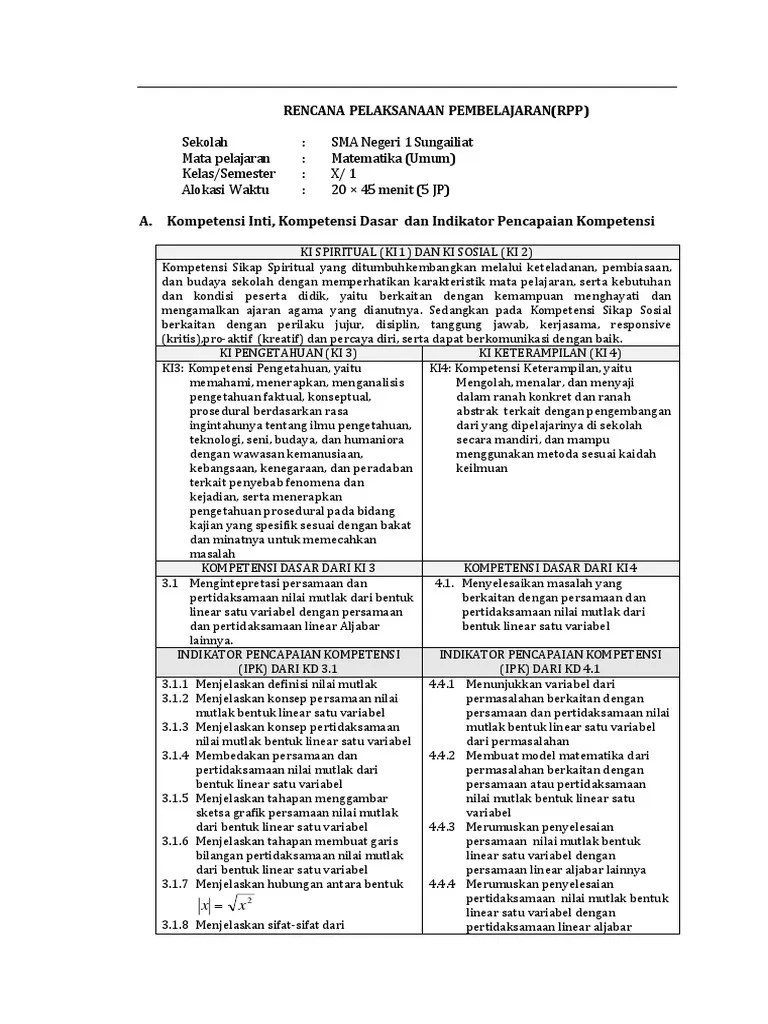 Rpp matematika kelas 10, 11, 12 dengan format 1 lembar semester 1 dan semester 2 yang mengacu pada se mendikbud nomor 14 tahun 2019. Rpp Matematika Wajib Kelas X Pdf