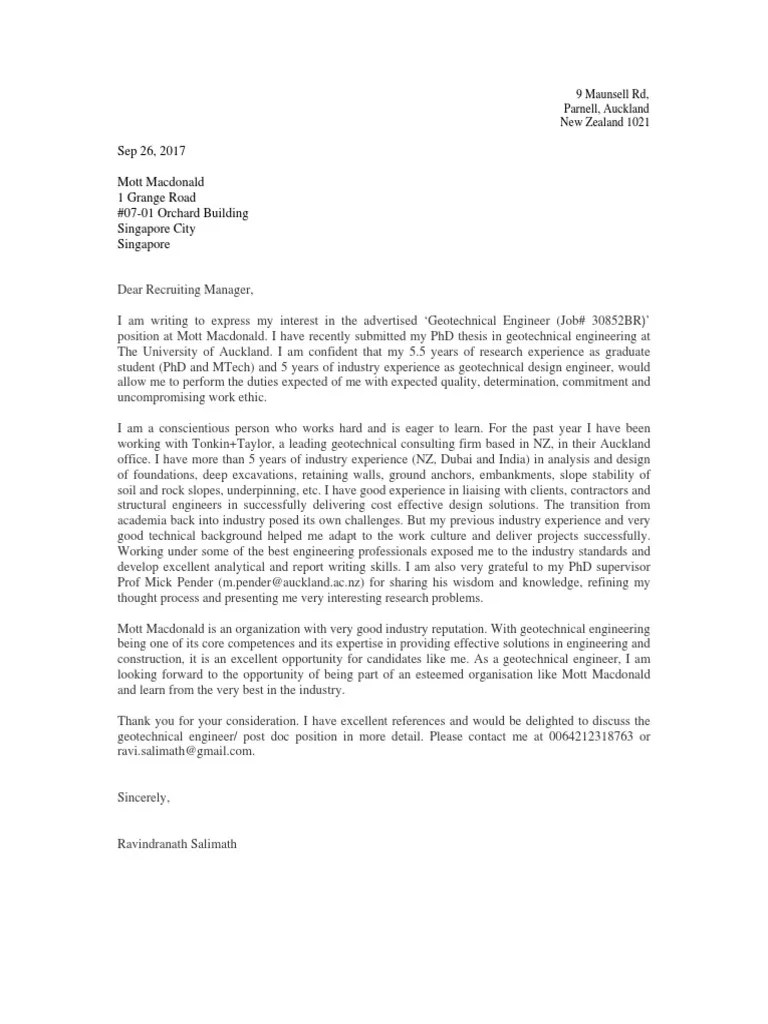 Cover Letter Mott Macdonald Geotechnical Engineering