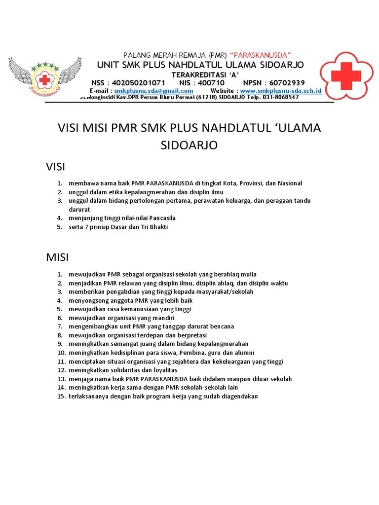 Meningkatkan semangat juang dalam bidang kepalangmerahan. Visi Misi Pmr Pdf