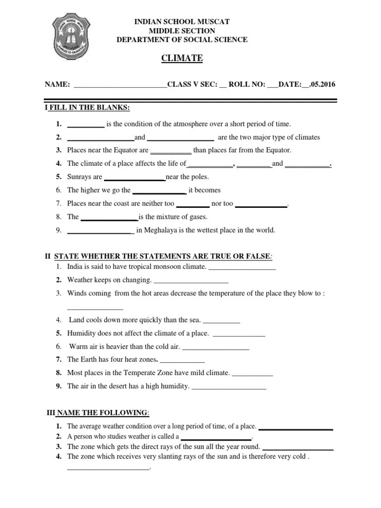 World climatic zones worksheet / map activity. Class V Social Science Climate Worksheet Pdf Climate Atmosphere Of Earth