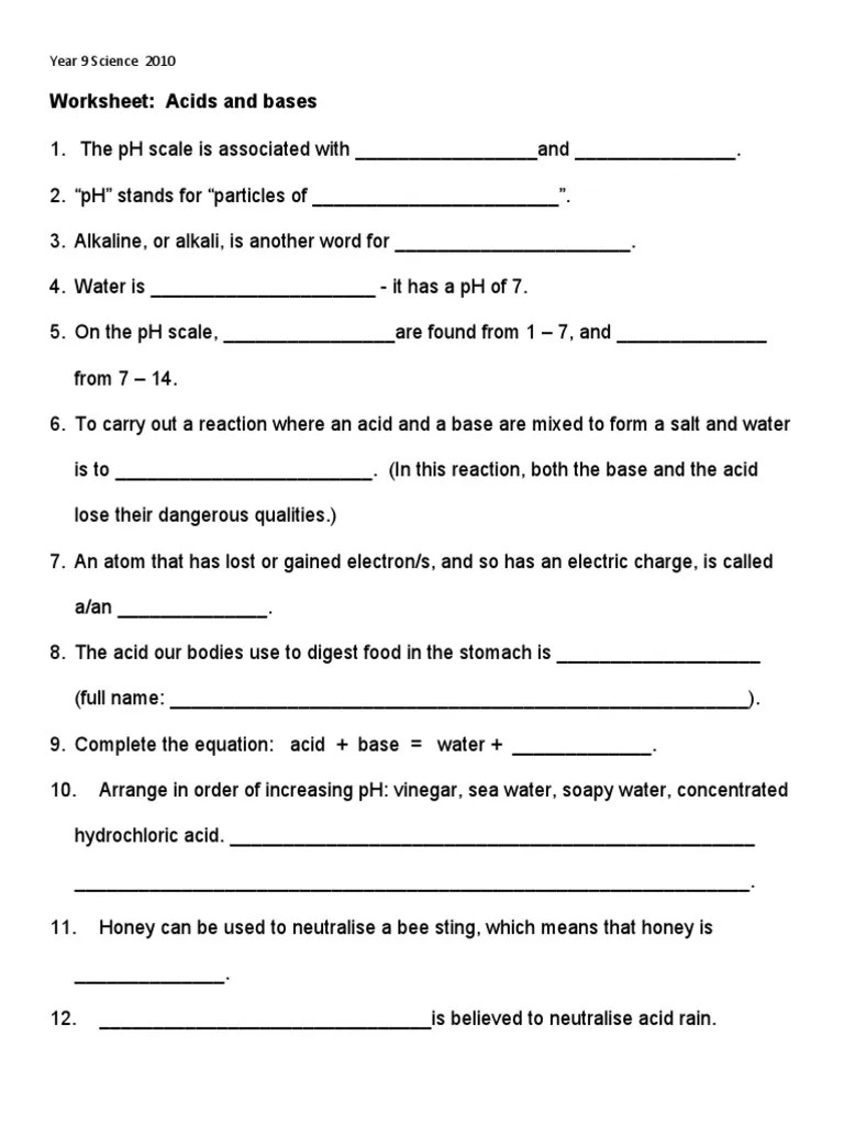 Acids/bases & ph worksheet (continued). Acids And Bases Worksheet Yr 9 Science