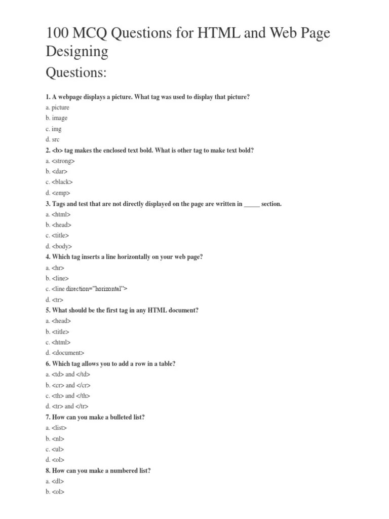 100 MCQ Questions For HTML And Web Page Designing | PDF | Html Element | Html