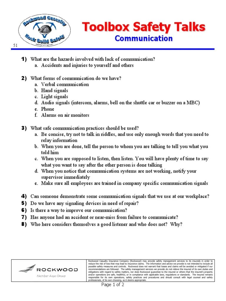 Toolbox Safety Talks 51 Communication | PDF | Safety | Prevention