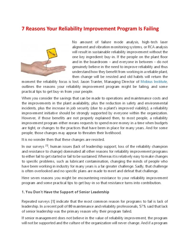 7 Reasons Your Reliability Improvement Program Is Failing - Jason ...