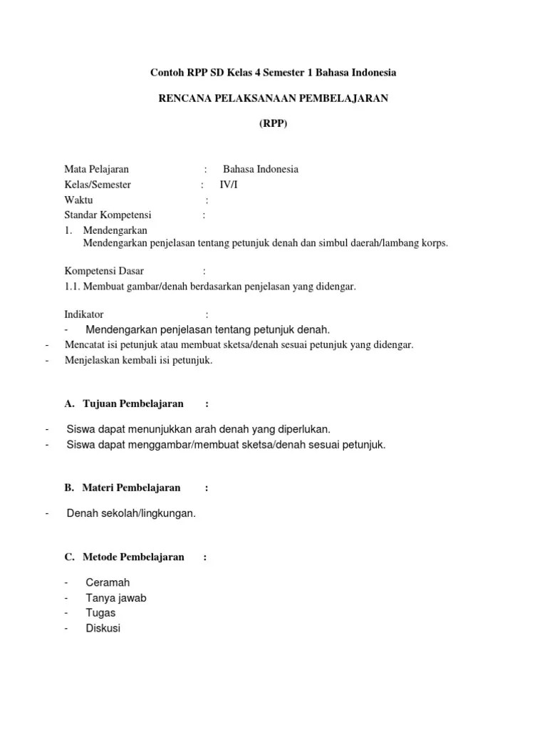 Dalam rpp ini juga sudah integritas, ppk, host, 4c serta pembelajaran abad ke 21. Contoh Rpp Sd Kelas 4 Semester 1 Bahasa Indonesia Pdf