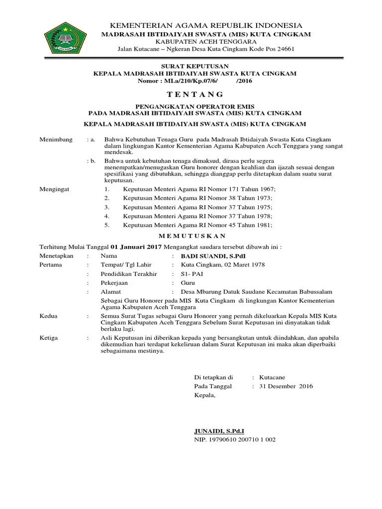 contoh proposal permohonan ijin operasional madin/mdt. Contoh Sk Operator Sekolah Emis
