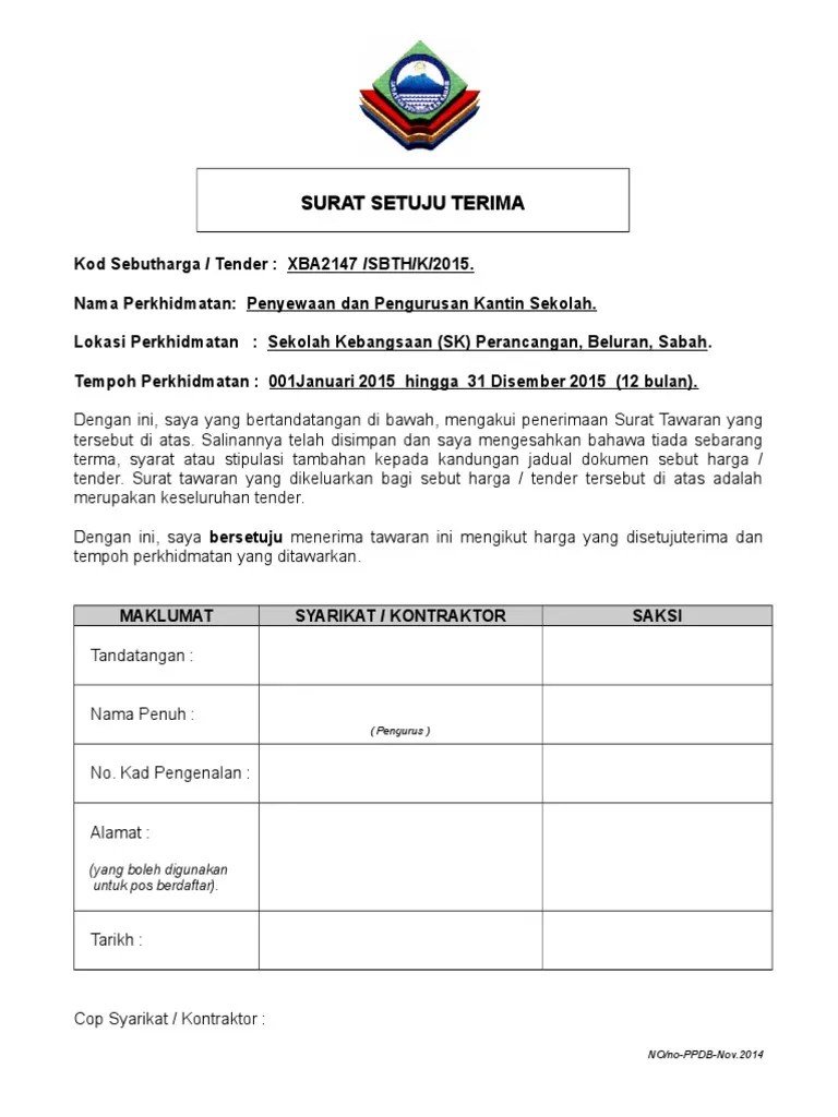 Contoh Surat Setuju Terima Tender Kantin Kenyataan Tawaran Tender Sukan Kolej Matrikulasi Tender Tender Bagi Membekal Sekiranya Wujud Percanggahan Perlanggaran Syarat Syarat Tender Kontrak Pdf Document Demikian Permohonan Izin Ini