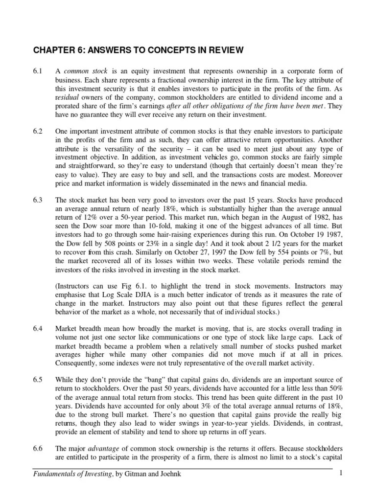 Chapter 6: Answers To Concepts In Review: Fundamentals Of Investing, By Gitman And Joehnk | PDF ...