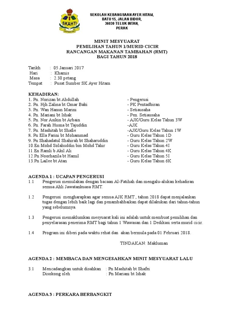 Anggaran belanja mengurus (abm) 4.1.1 pengerusi mengingatkan semua ketua panitia agar anggaran belanja mengurus (abm) untuk tahun 2018 dilakukan pada tahun. Minit Mesyuarat Pemilihan Rmt Thn 1 2018