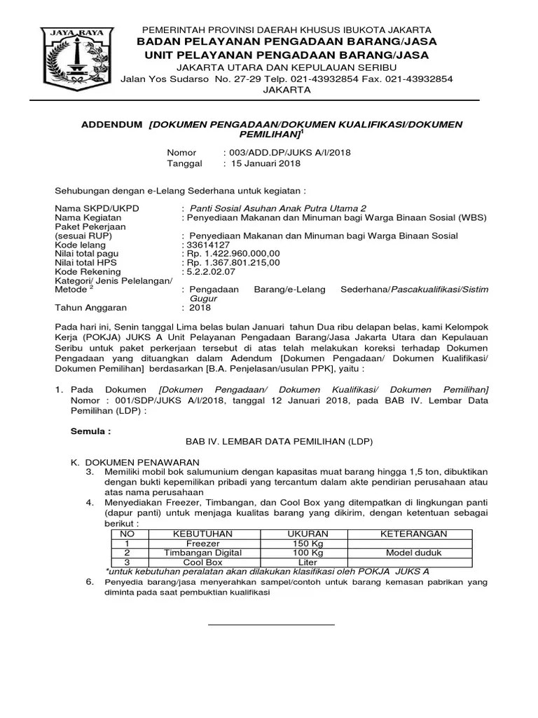 Adendum Dokumen Pengadaan Peny Mknan Dan Minuman Bagi WBS | PDF