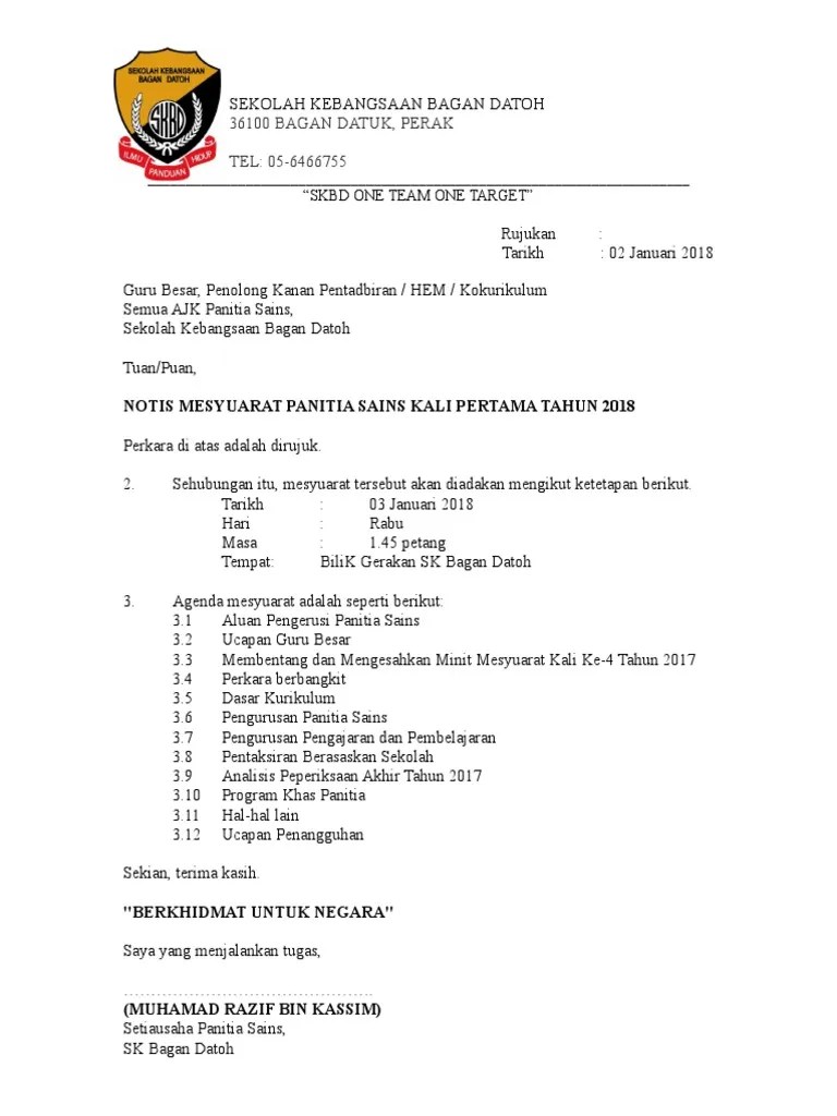 Biar kita miskin harta tetapi kita sentiasa . Surat Panggilan Mesyuarat Panitia Sains Pdf
