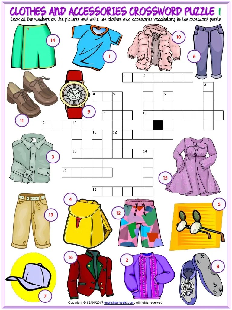 clothes and accessories vocabulary esl crossword puzzle worksheets for
