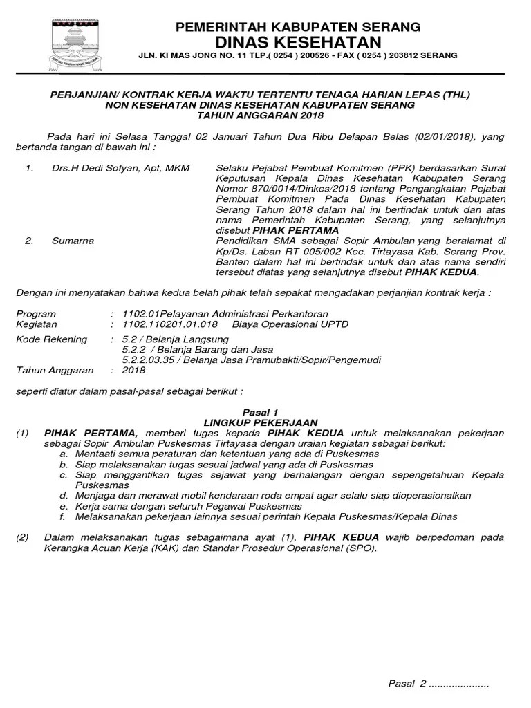 Surat perjanjian ini berikut semua lampirannya adalah kontrak kerja konstruksi. Draf Perjanjian Kontrak Thl Sopir Pdf