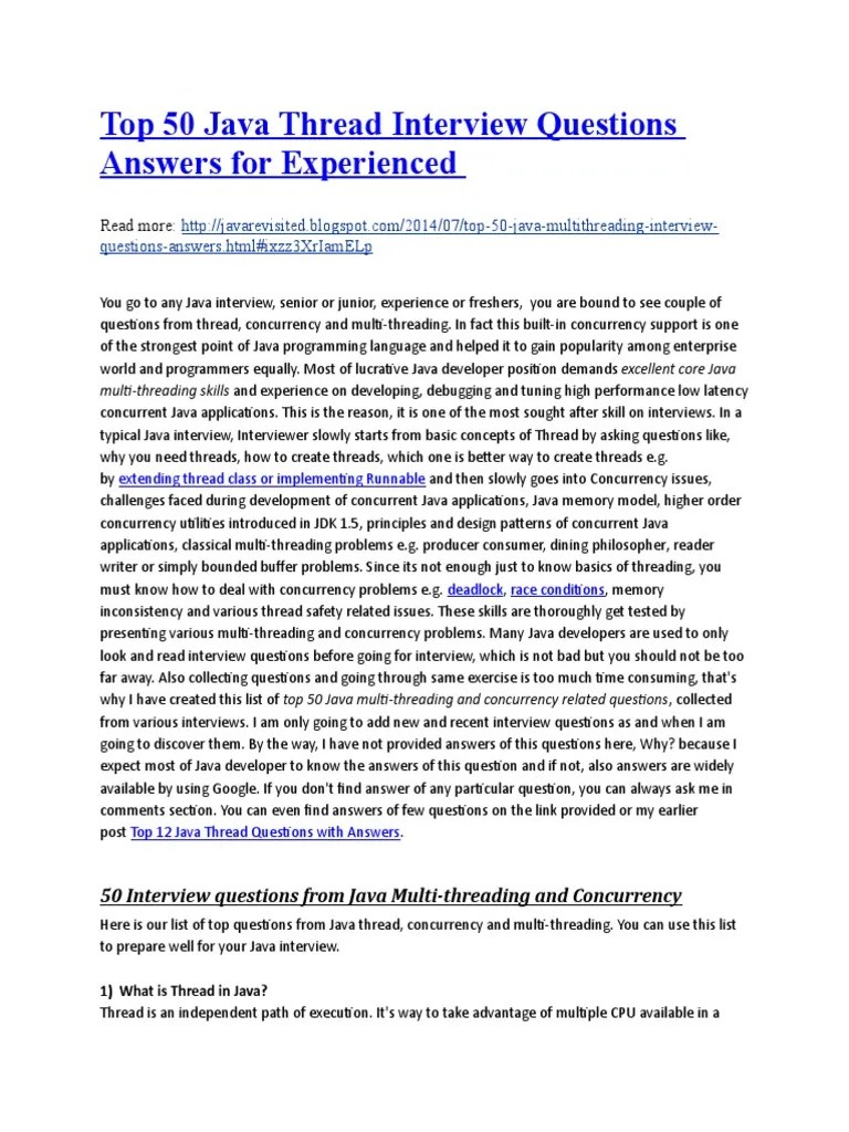 Top 50 Java Thread Interview Questions Answers For Experienced | PDF ...