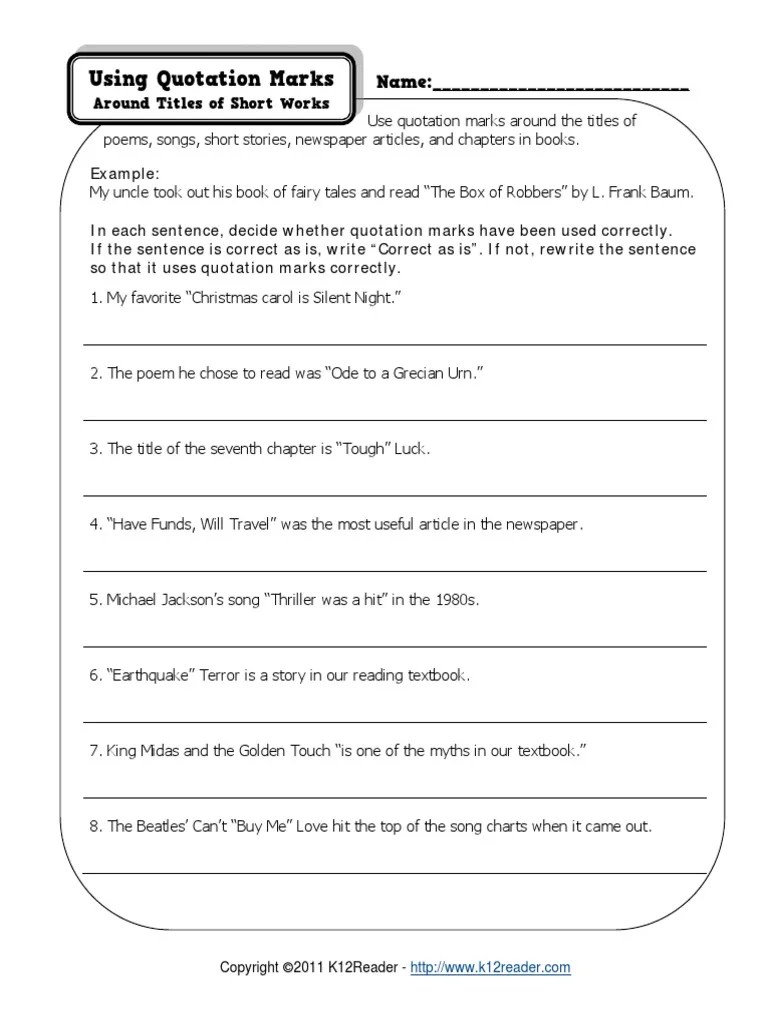 quotation mark worksheet 2 leisure fiction literature free 30