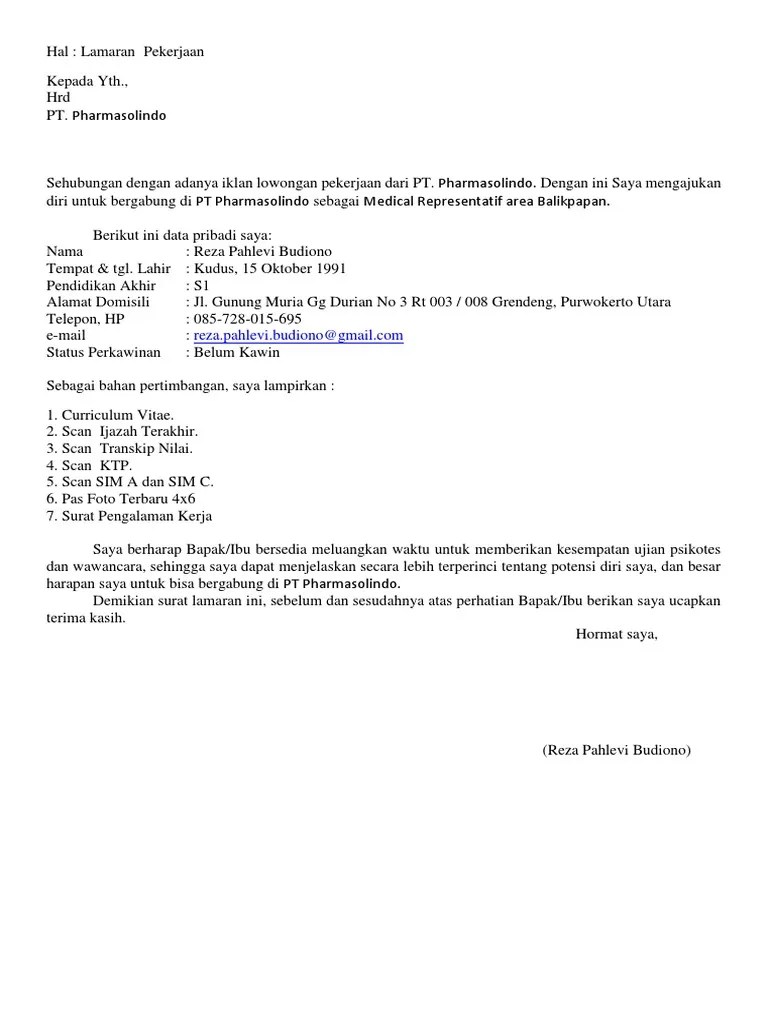 Surat Lamaran PT Pharmasolindo Area Balikpapan | PDF