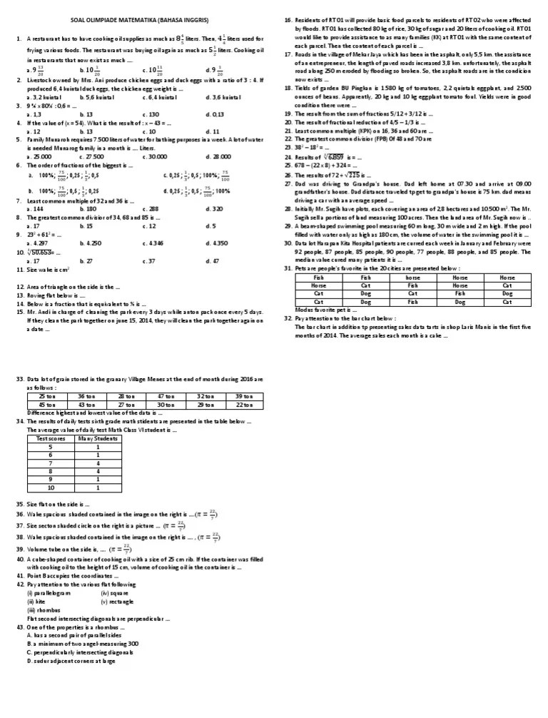 Paket soal sekolah tinggi kedinasan, mata pelajaran ipdn/tes matematika. Simulasi Soal Olimpiade Matematika Bahasa Inggris 2018 Nature Teaching Mathematics