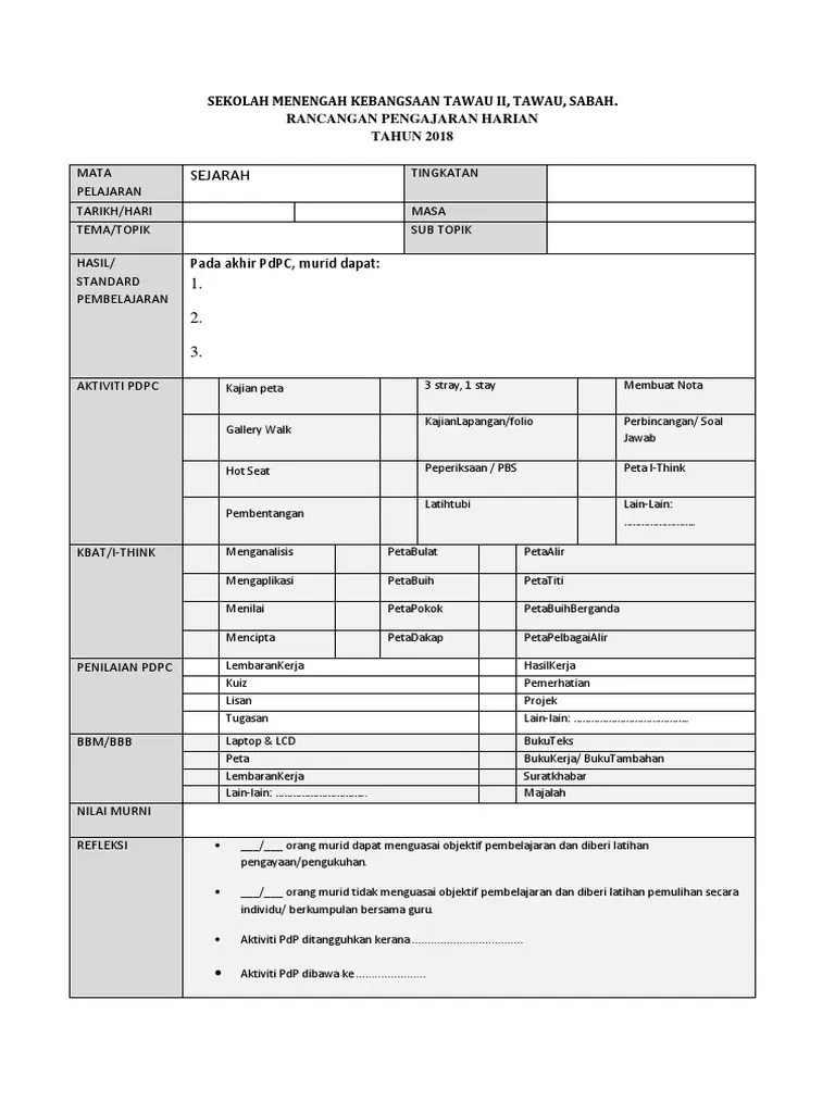 Rancangan pelajaran tahunan sejarah kssm tingkatan 2 tahun 2018 rpt sejarah kssm ting 2 tahun 2018. Template RPH Sejarah KSSM Tingkatan 1 2018