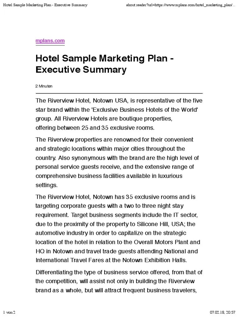 Hotel Sample Marketing Plan Executive Summary Brand Hotel