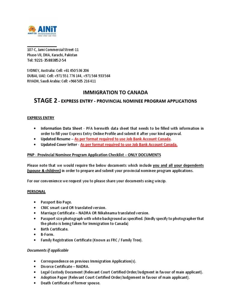 Express Entry & PNP Application Checklist | PDF | Birth Certificate ...