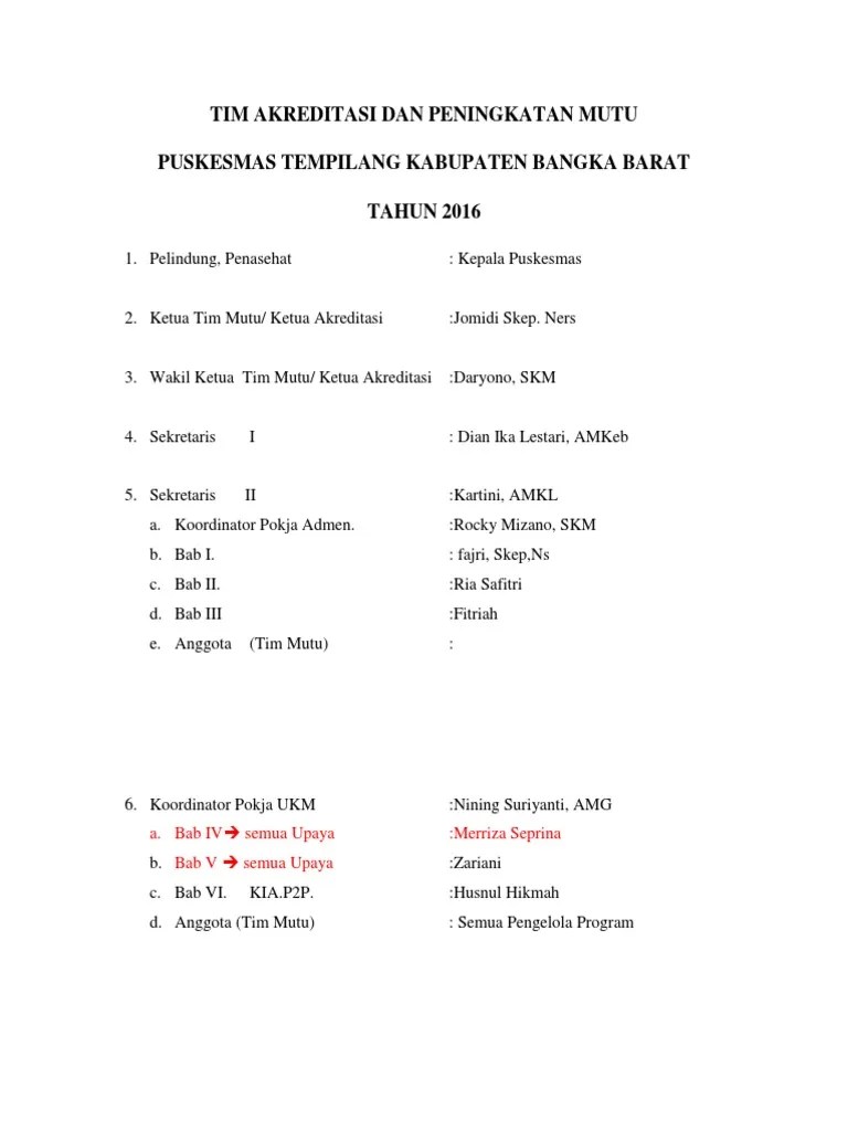 Struktur Tim Mutu Akreditasi Puskesmas | PDF
