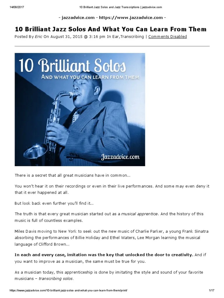 10 Brilliant Jazz Solos And Jazz Transcriptions | PDF | Jazz | Chord ...