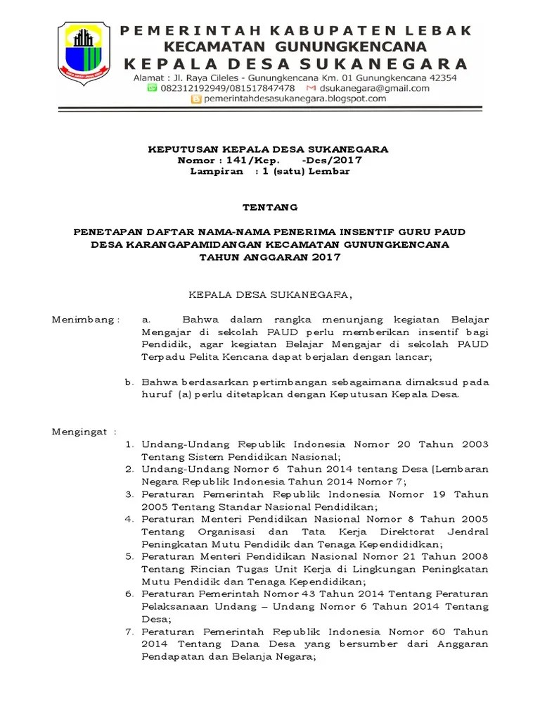 contoh sk pengangkatan kepala sekolah paud kop. Sk Penerima Insentif Guru Paud 2017 Pdf