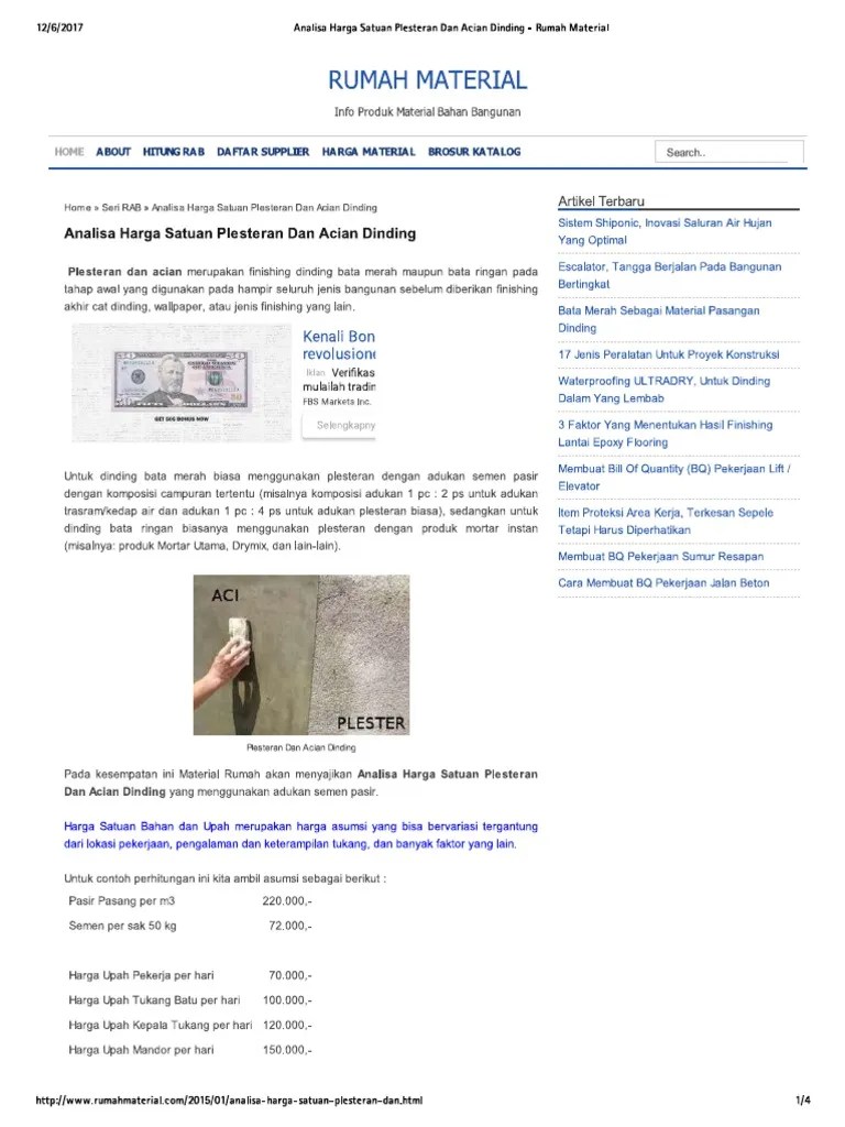 Analisa Harga Satuan Plesteran Dan Acian Dinding - Rumah Material | PDF