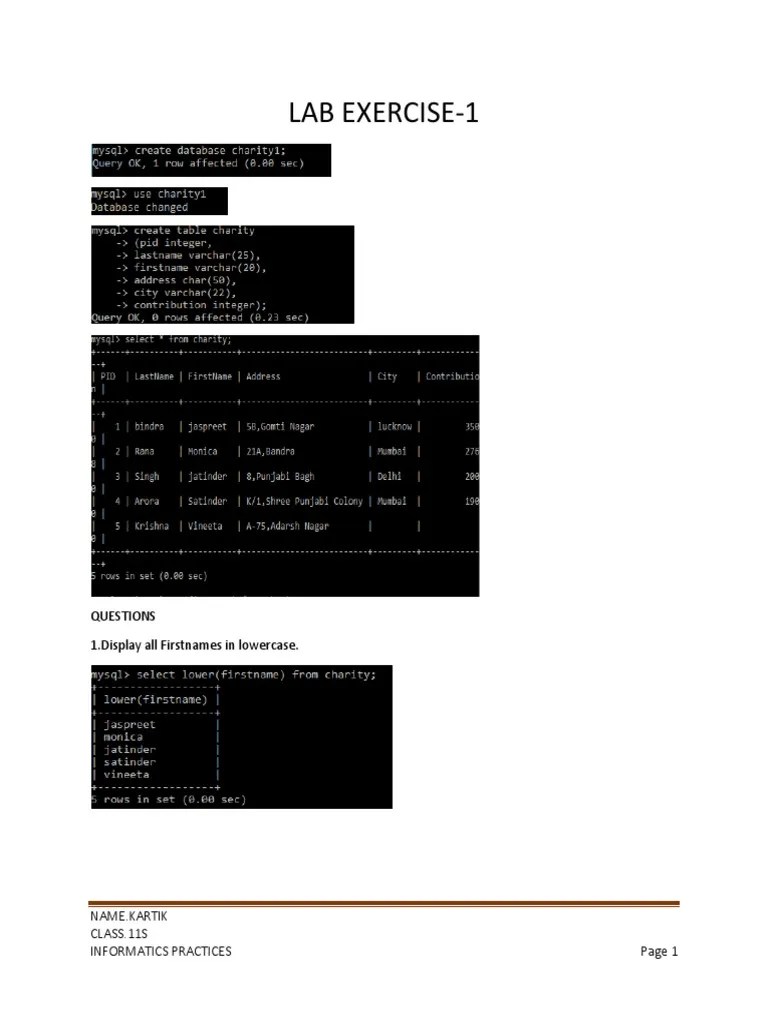 Lab Exercise Of Class 11 IP Mysql | PDF