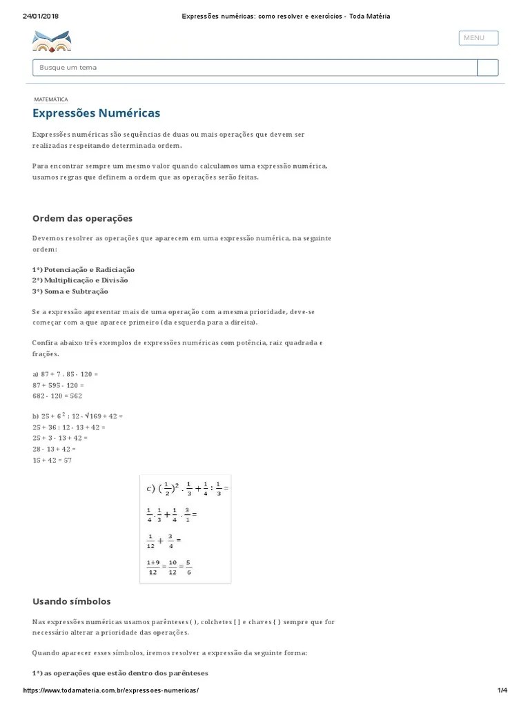 Expressões Numéricas - Como Resolver E Exercícios - Toda Matéria | PDF ...