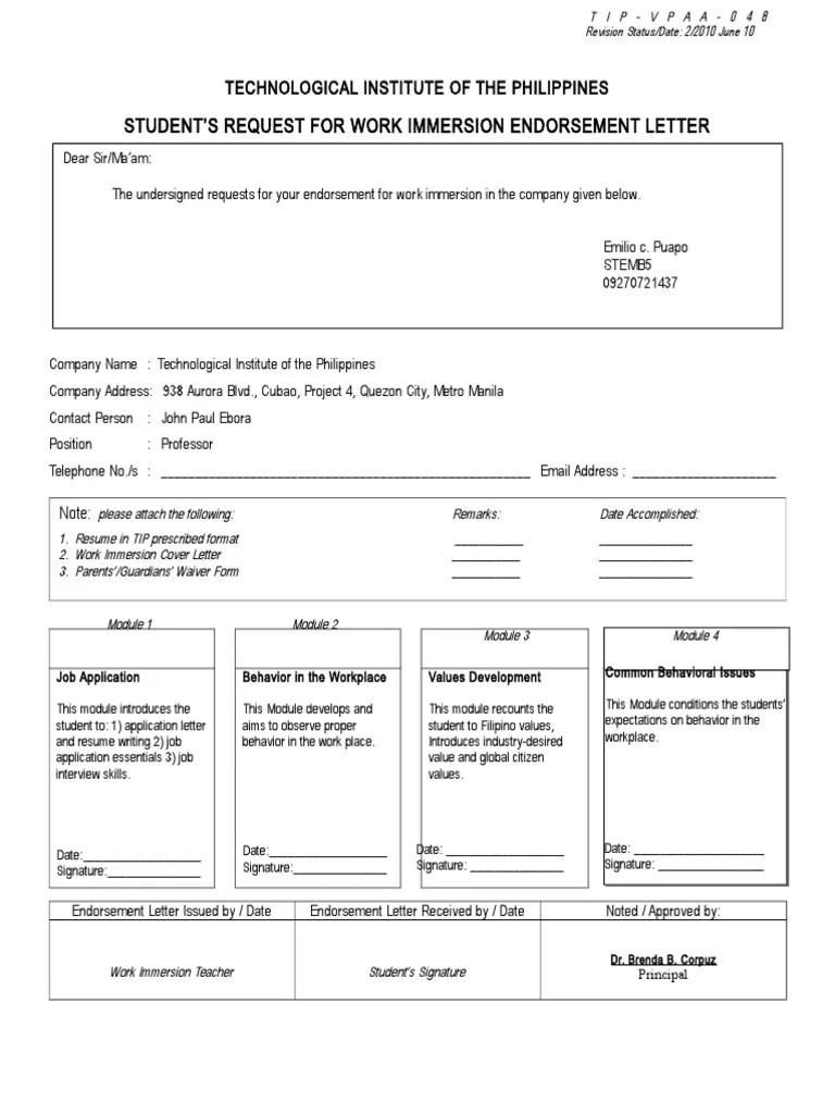Use specific examples whenever possible. 1 Request for Work Immersion Endorsement Letter Form