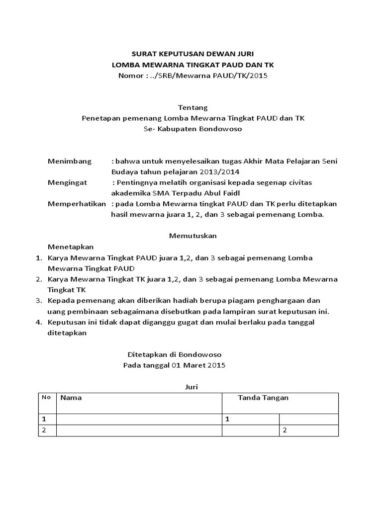 B) juara 1, 2 dan 3 lomba tingkat v ( lt v nasional ), melampirkan sk kejuaran dan. Sk Juri Lomba Tk Paud Pdf