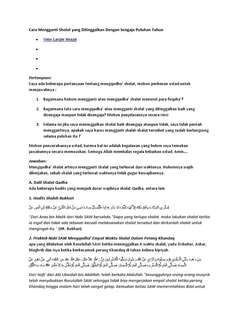 Cara Mengganti Sholat Yang Ditinggalkan Dengan Sengaja Puluhan Tahun | PDF
