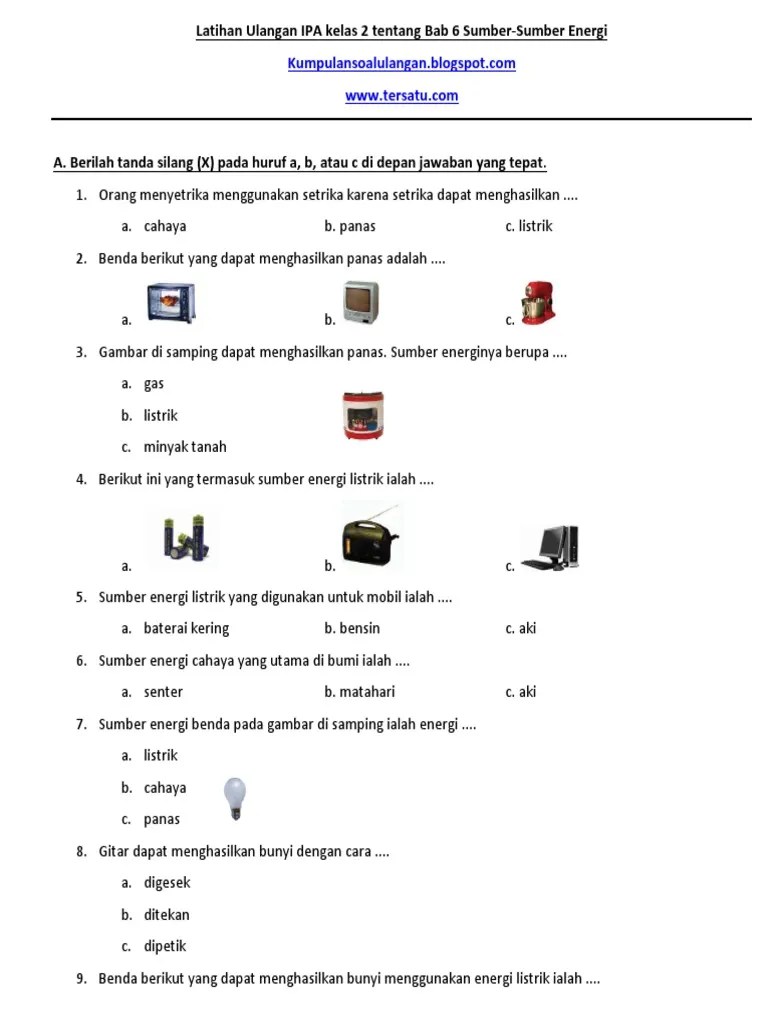 Latihan Ulangan IPA Kelas 2 Tentang Bab 6 Sumber-Sumber Energi | PDF