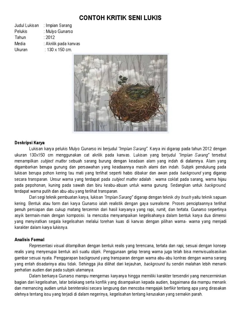 Kritik formalistik yang mencakup deskripsi, analisis formal, interpretasi . Contoh Kritik Seni Lukis Pdf