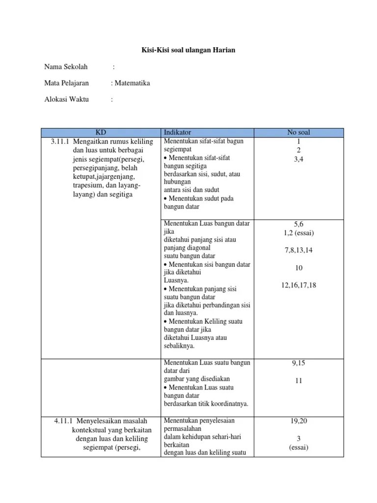 Perangkat pembelajaran matematika kelas 8 (viii) smp/mts kurikulum 2013. Kisi Kisi Soal Ulangan Harian Segiempat Dan Segitiga