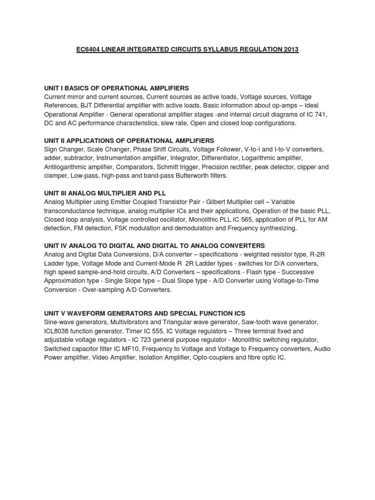 Ec6404 Linear Integrated Circuits Syllabus Regulation 2013 Docx