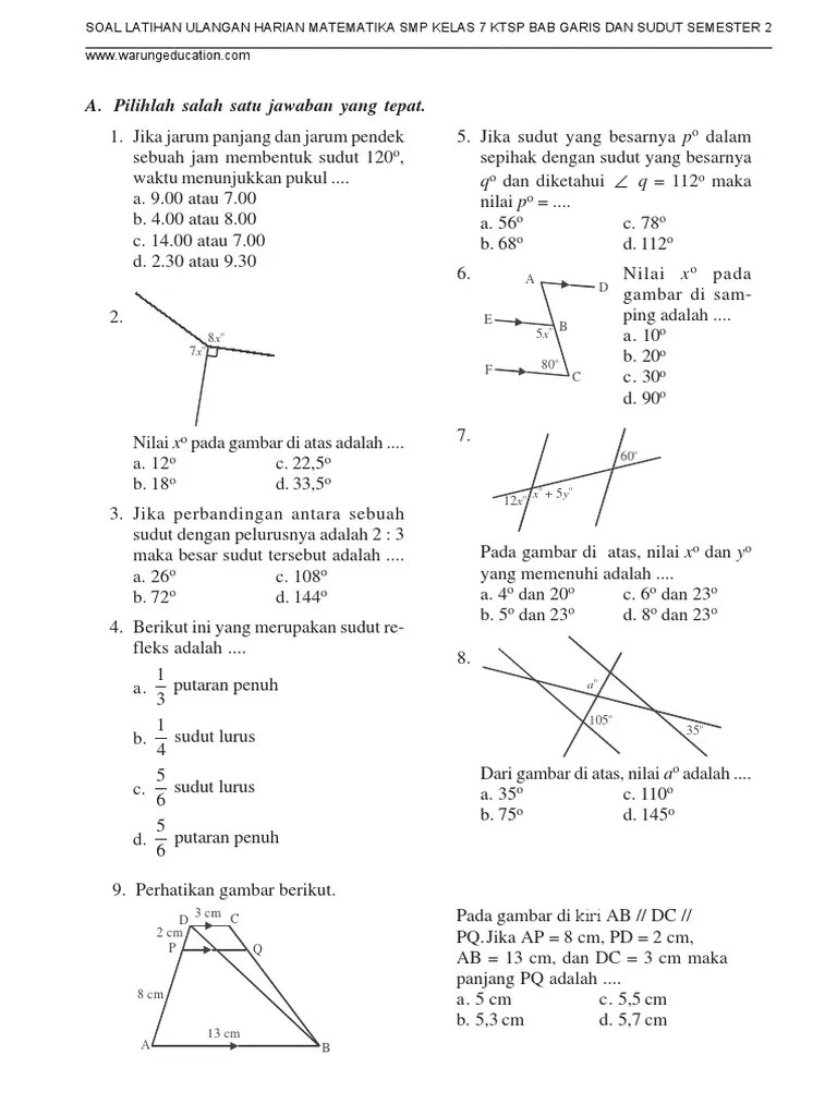 Soal matematika kelas 3 sd bab 1 bilangan dan kunci jawaban keterangan soal : Soal Matematika Smp Kelas 7 Bab Garis Dan Sudut Semester 2 Pdf