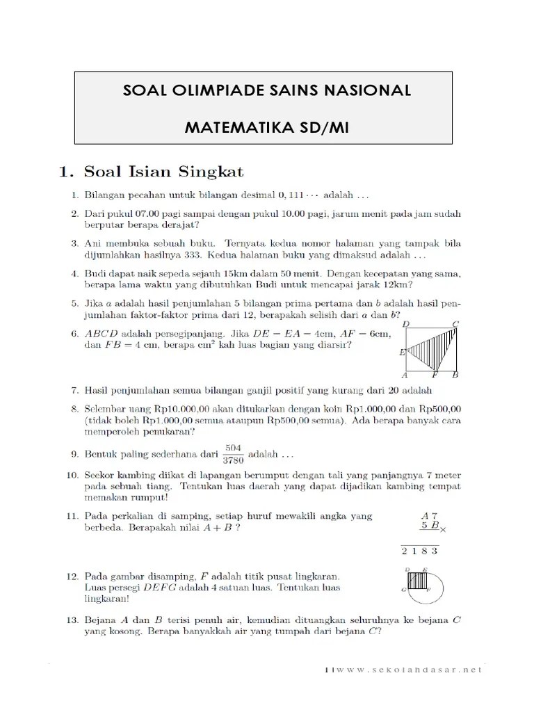 Yuk belajar soal osn ipa untuk jenjang sd. Soal Olimpiade Sains Nasional Matematika Sd Mi Pdf