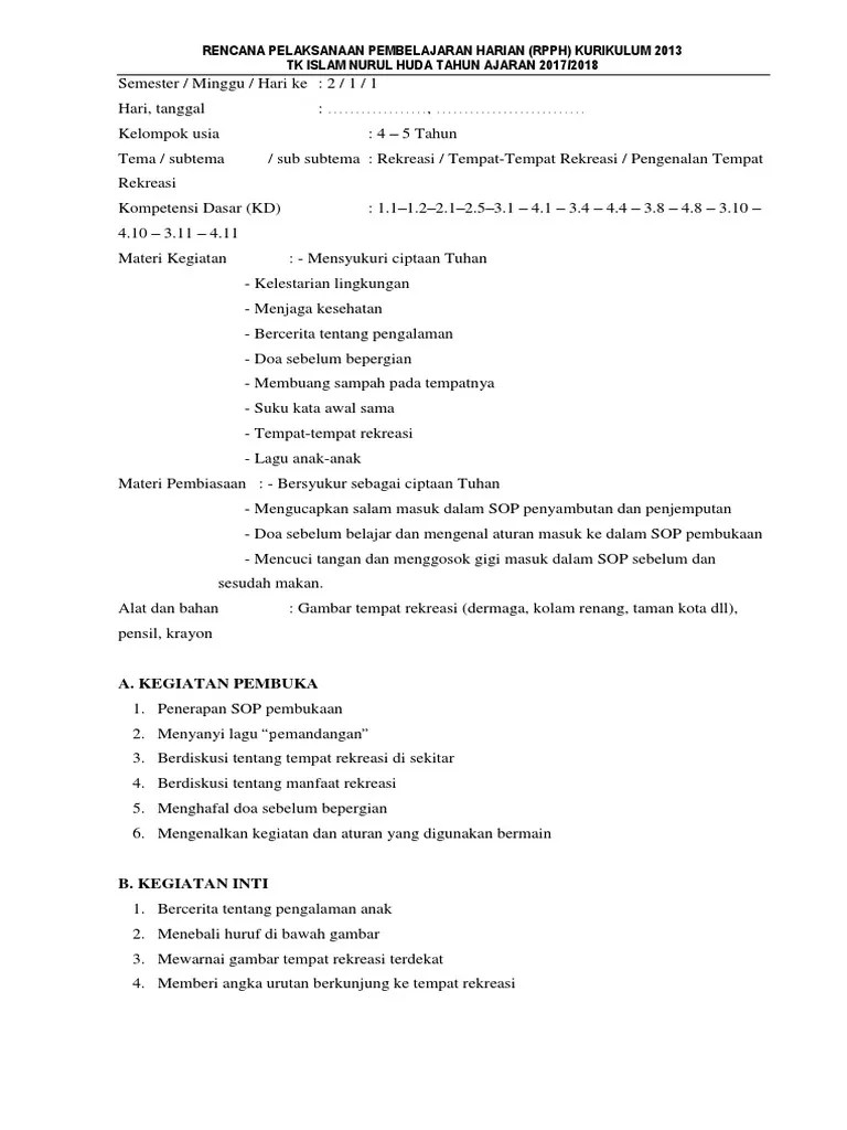 Rppm paud tema rekreasi semester 2 tahun pelajaran . Rpph Tk A Smt2 Minggu 01 Tempat Rekreasi Pdf