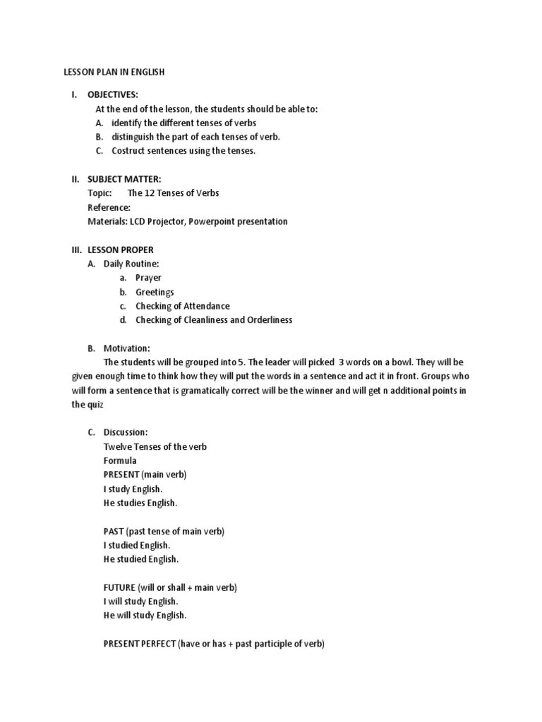 Lesson Plan in English | PDF | Perfect (Grammar) | Verb