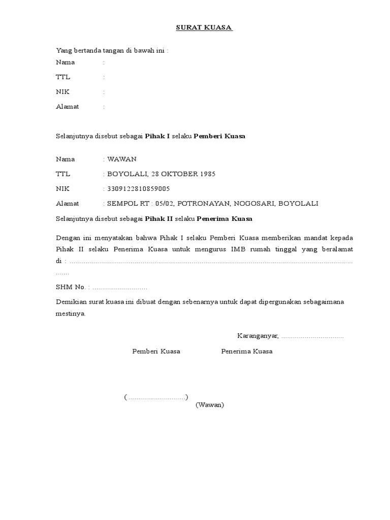 Contoh surat kuasa pengurusan atau perpanjangan pajak motor stnk bpkb. Surat Kuasa Pengurusan IMB