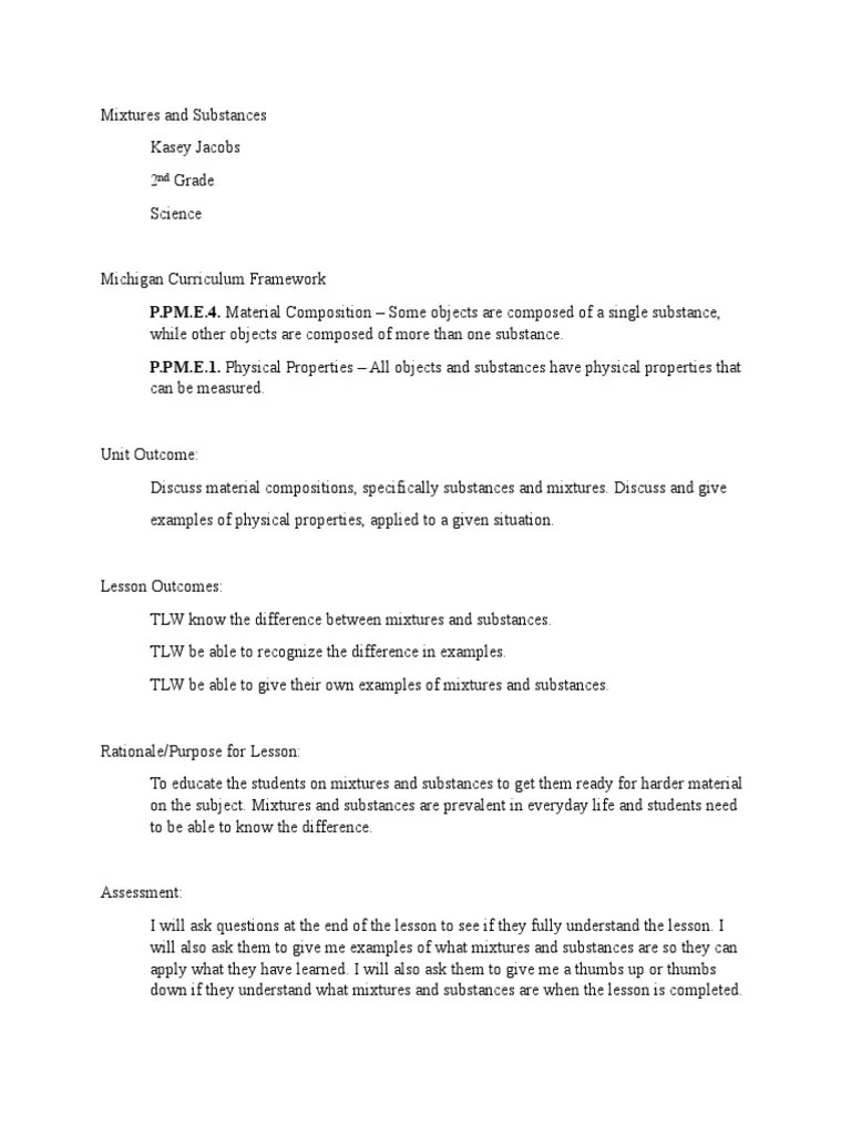 Lesson Plan - Substances And Mixtures | PDF | Substance Theory | Mixture