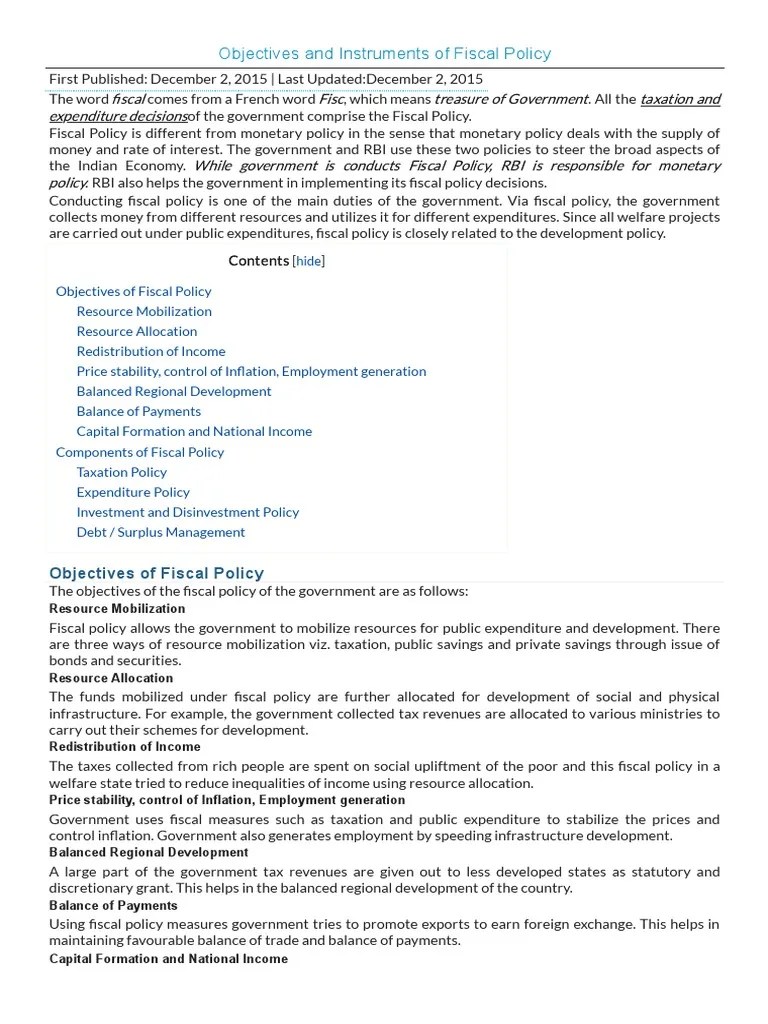 Objectives And Instruments Of Fiscal Policy | PDF | Fiscal Policy ...