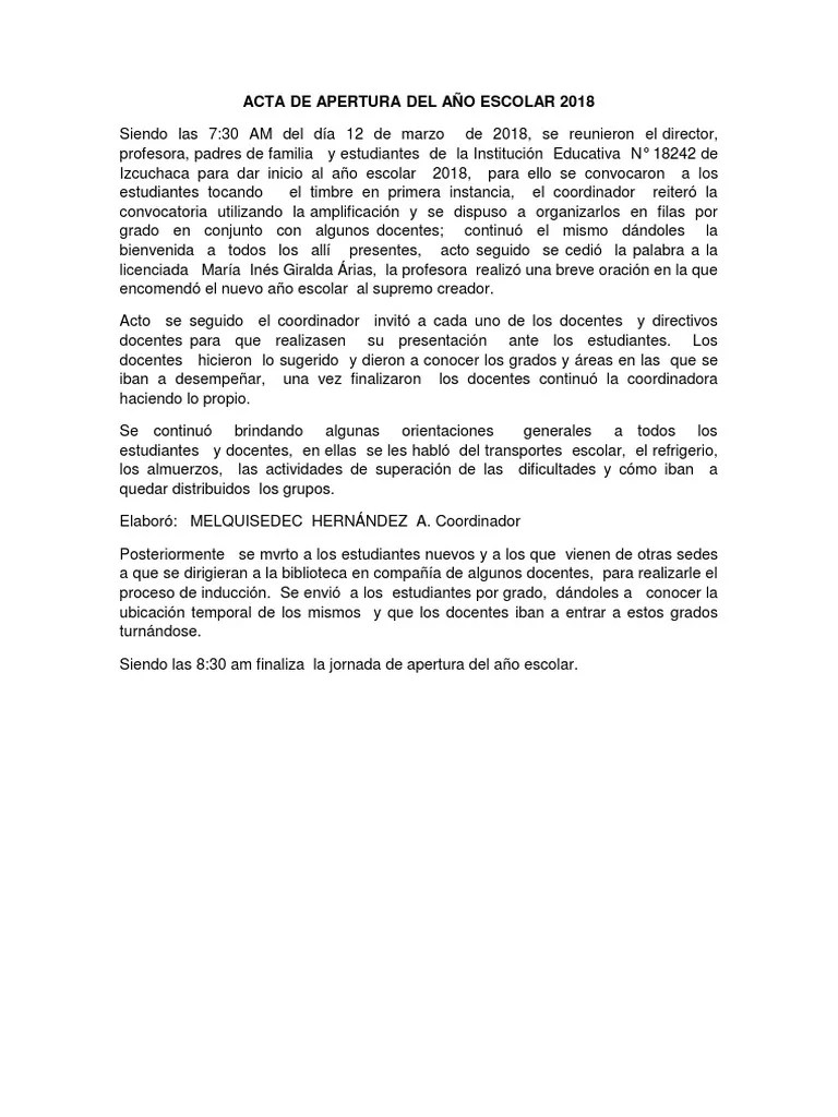 Acta De Apertura Del Ano Escolar 2016 | PDF