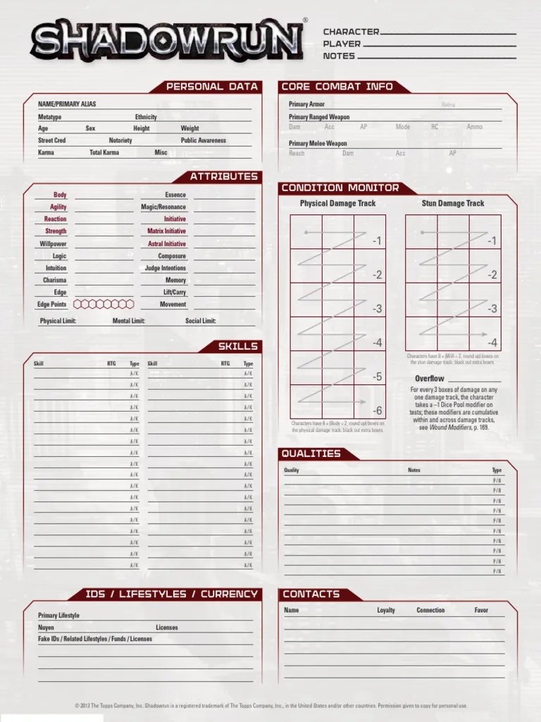 Shadowrun 5e Character Sheet | PDF | Weaponry | Leisure