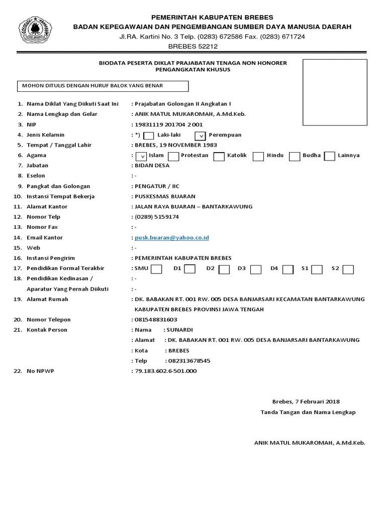 Biodata Peserta Diklat | PDF