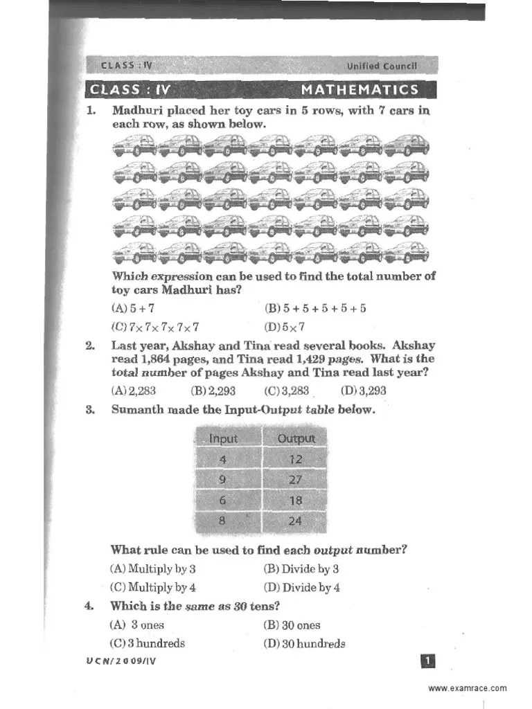 Mathematics Practice Test With Multiple Choice Questions For Class 4 | PDF | Fraction ...